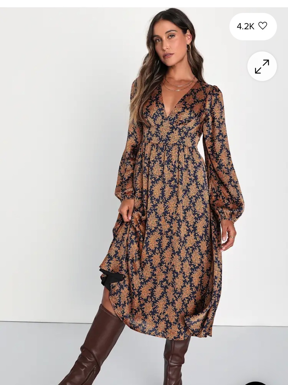NWT Long Sleeve Floral Midi Dress in Black and Orange